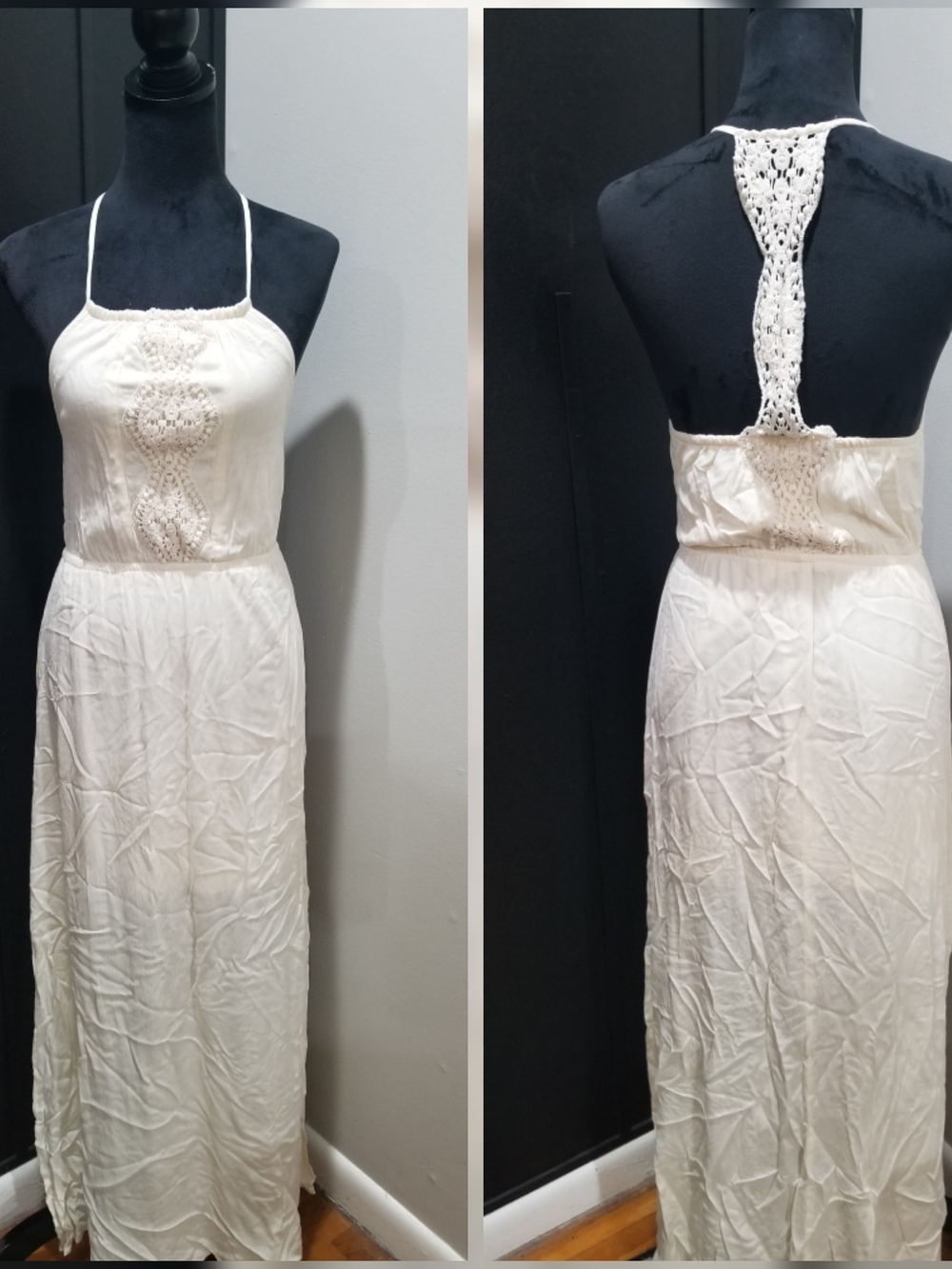 Cream Crochet-Back Maxi Dress With SIDE slits